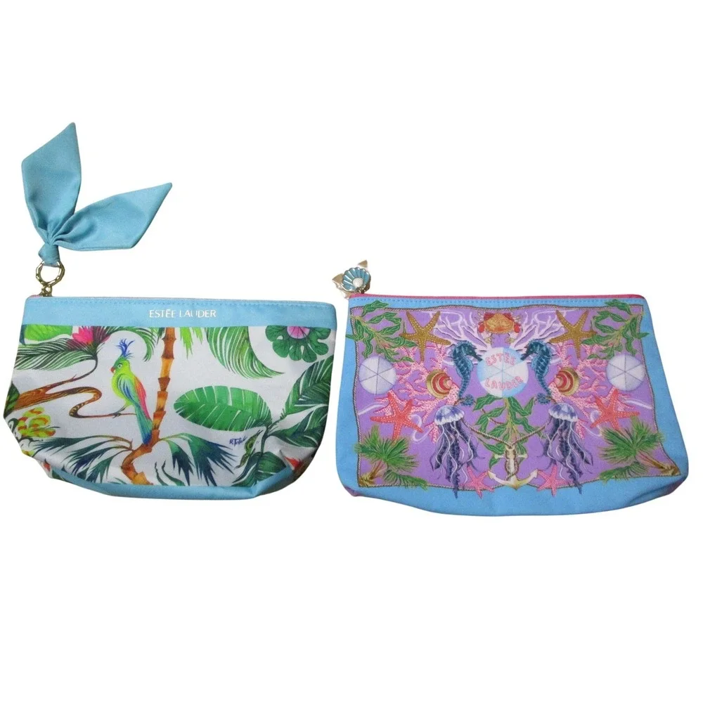 Estee Lauder‎ Ruben Toledo Tropical Parrot Makeup Bag Blue White Floral Cosmetic